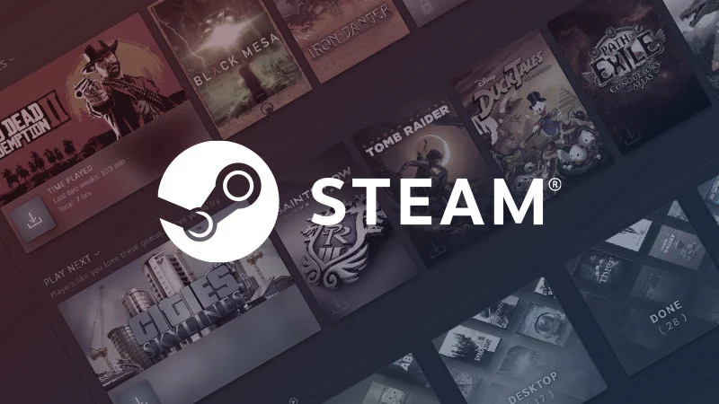 LOGO OF STEAM in white color with games in background