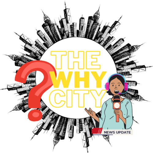 Question Mark with City Background and THE WHY CITY in Middle.